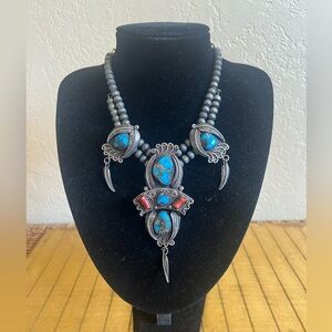 Sterling silver 925 Navajo signed turquoise and coral necklace